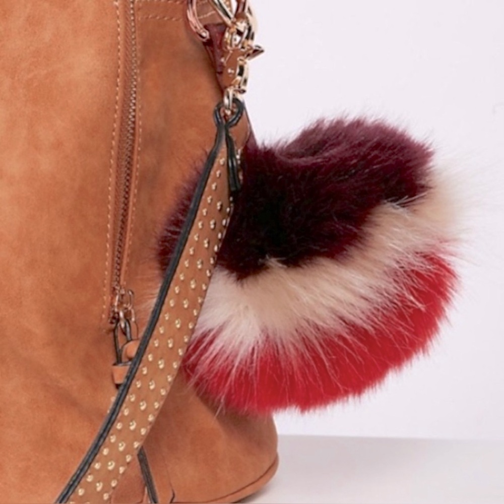 NWT Free People Faux Fur Puff Ball Keychain in Wine Bordeaux